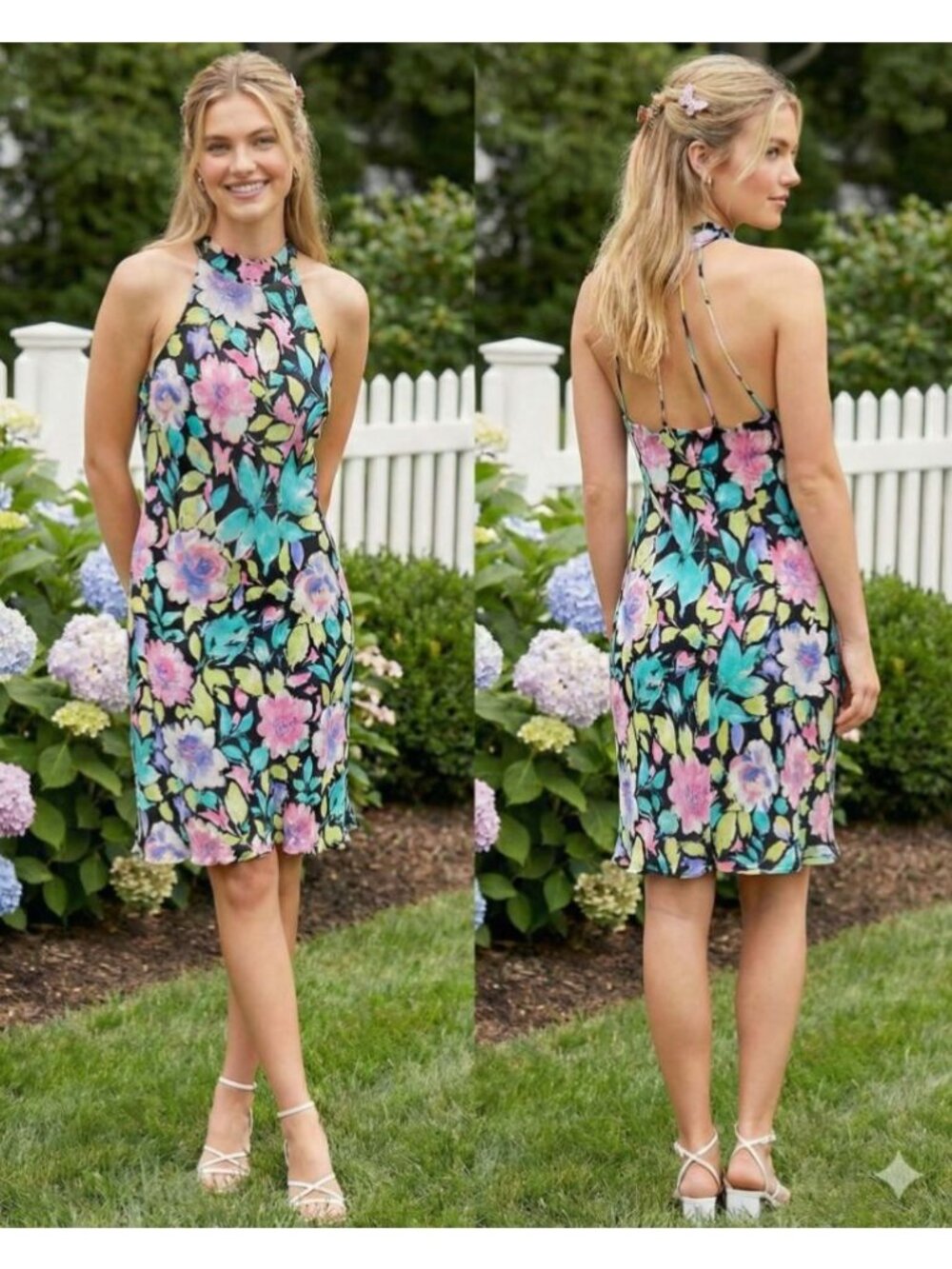 Vintage 1990s Neon Floral Mini Dress Strappy Open Back Grunge Tropical Summer L